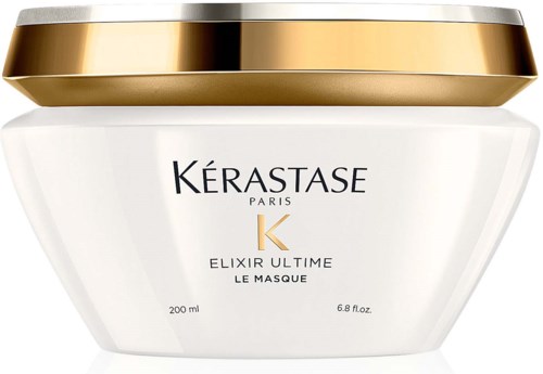 En vit burk med guldfärgad och silverlock, märkt Kerastase Elixir Ultime mask, 200 ml kapacitet.