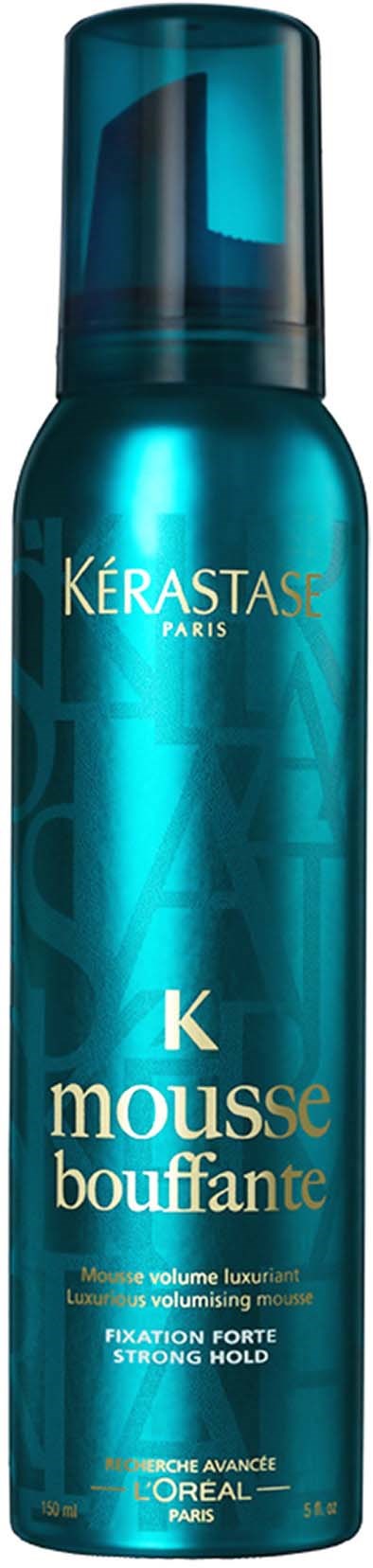 A blue aerosol can labeled 'K mousse bouffante' for volumizing hair, with a cap on top.