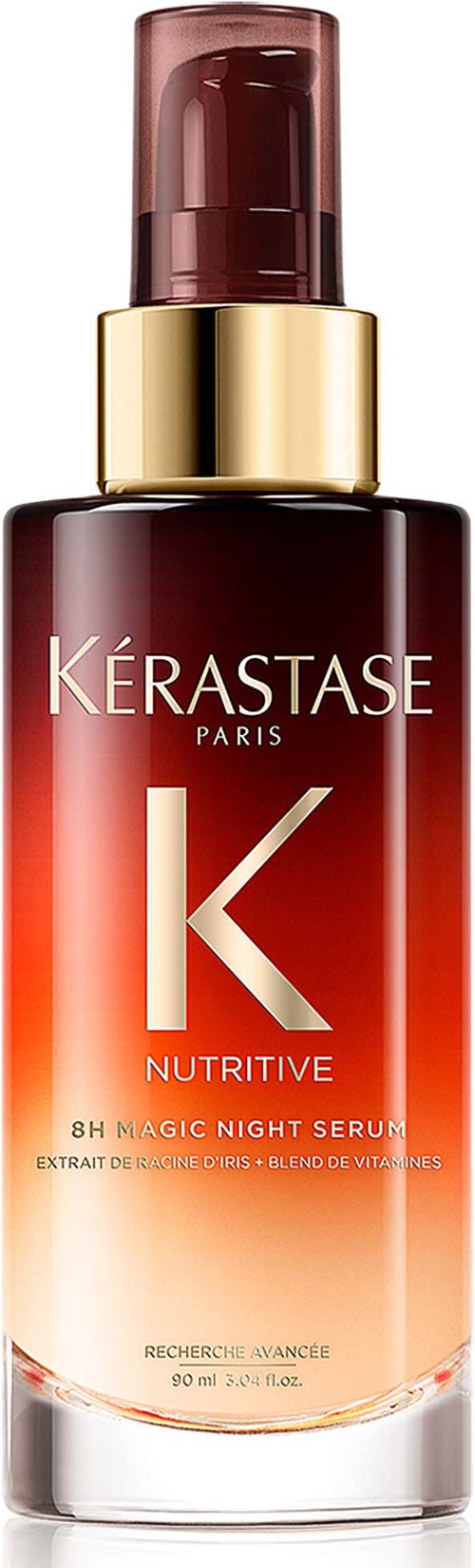 En röd till mörkare glasflaska med guldkapsel, märkt Kérastase, nattserum, innehåller 90 ml.
