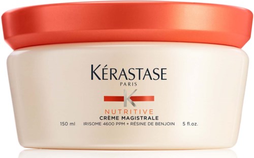 Valkoinen hiusvoidepurkki punaisella kannella, merkintä Kérastase Nutritive, Pariisi, 150 ml, hiusten ravitsemukseen.