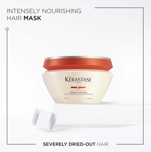 Pot haarmasker met label 'Intensely Nourishing' en 'Severely Dried-Out Hair' met een kleine witte applicator.