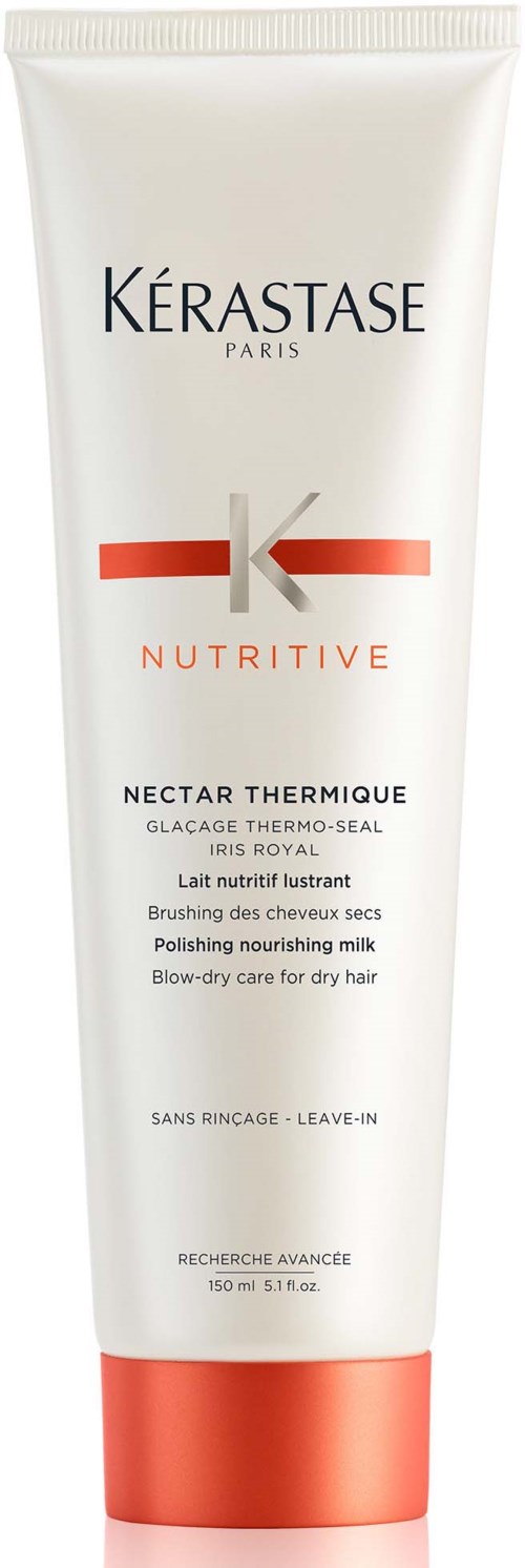 Valkoinen putki Kérastase Nutritive Nectar Thermique -hiushoitotuotteella, jossa on punainen ja musta teksti ja punainen korkki.