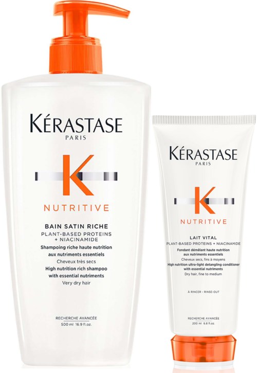 Two hair care products with white bottles and orange caps, labeled for nourishing and strengthening very dry hair.