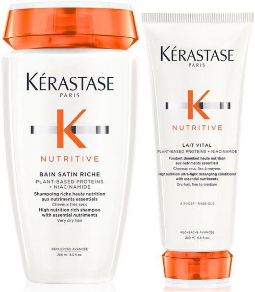 Twee haarverzorgingsproducten van Kérastase Paris, een shampoo en een conditioner, voor zeer droog haar.
