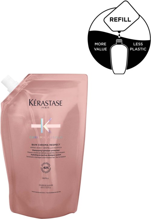 Een roze refill-shampoo fles van Kerastase met een zwart-wit diagram dat milieuvriendelijke navulinstructies geeft.