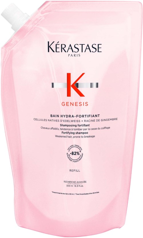 Roze shampoorefilleverpakking van Kérastase Paris met een grote rode 'K' en productdetails in zwart.