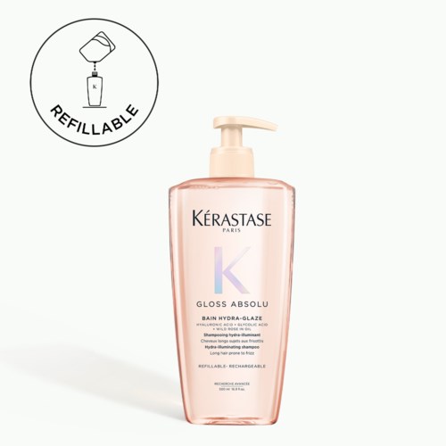 Pink bottle with a pump labeled Kérastase and 'GLOSS ABSOLU'. Refillable icon included. Suitable for hair care.