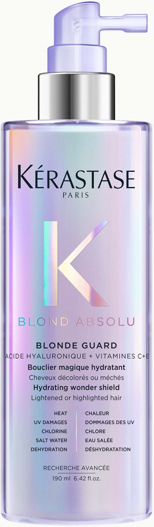 Pitkä, helmiäishohtoinen pullo Kérastase Blond Absolu Blonde Guard -tuotteelle, varmistaa hiusten suojaamisen ja kosteuden.