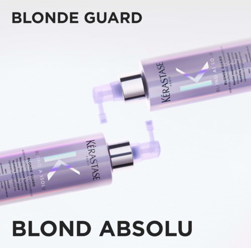 Kaksi kerastase Blond Absolu -tuotetta, joissa on violettilaput ja -kannet, ja teksti "Blonde Guard".