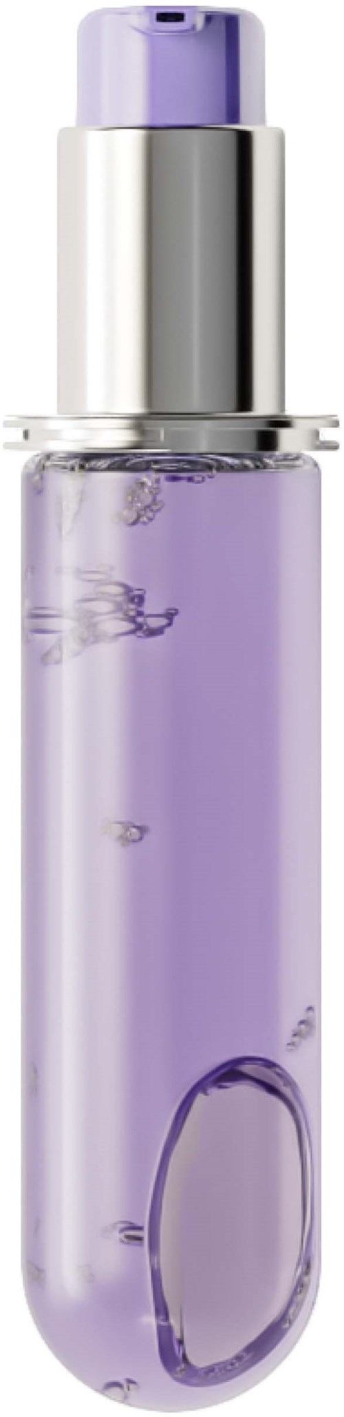 Een klein paarse sprayflesje met zilveren dop, gevuld met paarse vloeistof.