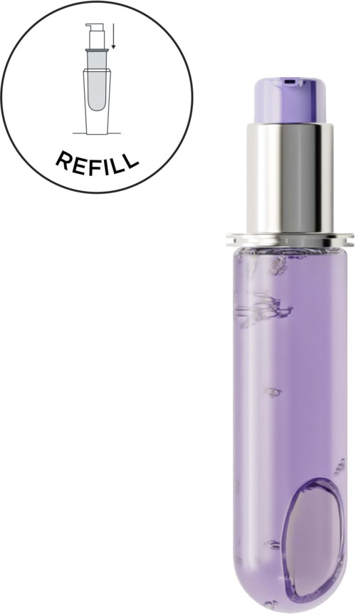 Een paarse sprayfles met een zilveren dop, met een refill-icoon en een eenvoudige tekening van de fles.