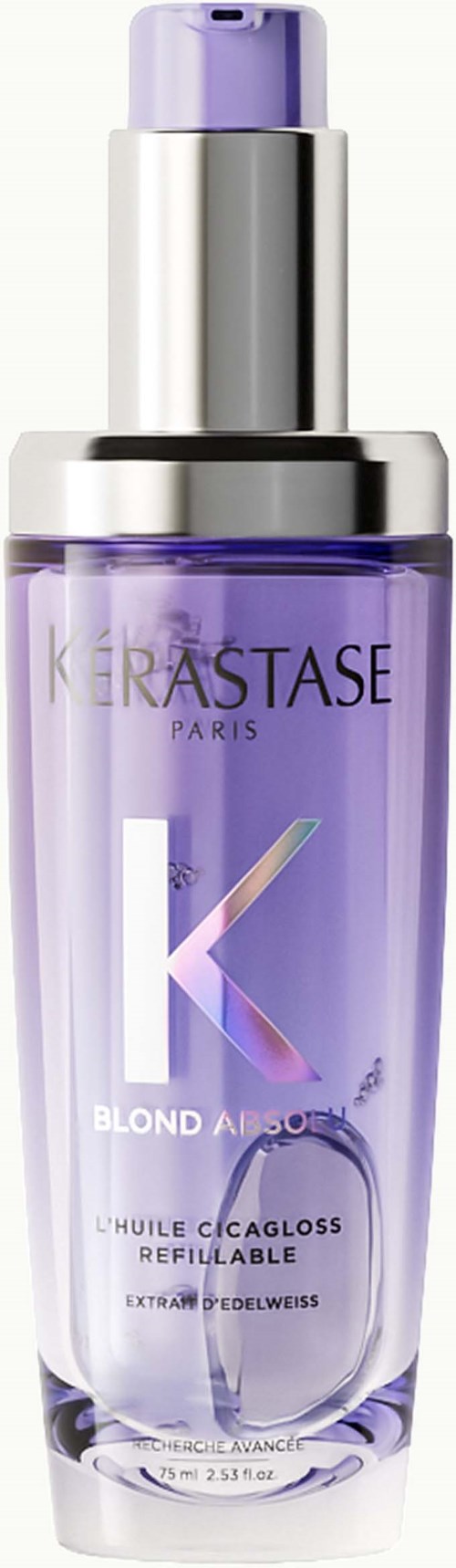 Een paarse fles met een zilveren pomp, gemarkeerd Kerastase Blond Absorb haarolie. Het is hervulbaar en voor haarverzorging.