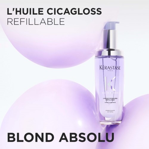 Herbruikbare haarolie fles met paarse vloeistof en pomp, gelabeld L'Huile Cicaplasme, voor blond haar.
