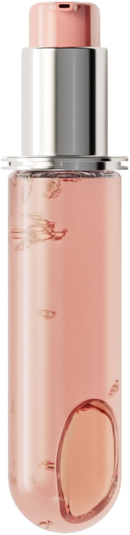 Een roze rollerball-flacon met zilveren dop, waarschijnlijk parfum of huidverzorgingsproduct.