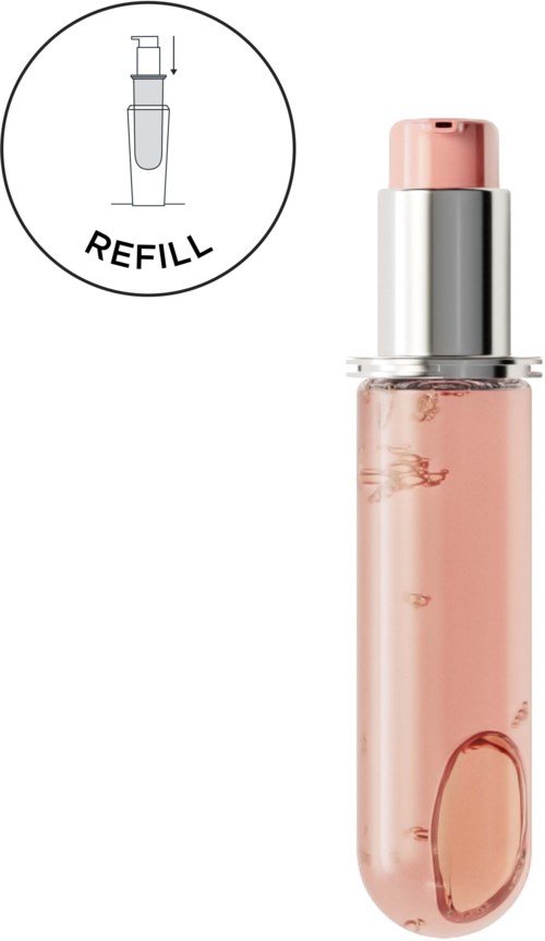 Een roze- en zilverkleurige fles met een pomp, toont een navulicoon voor het product.