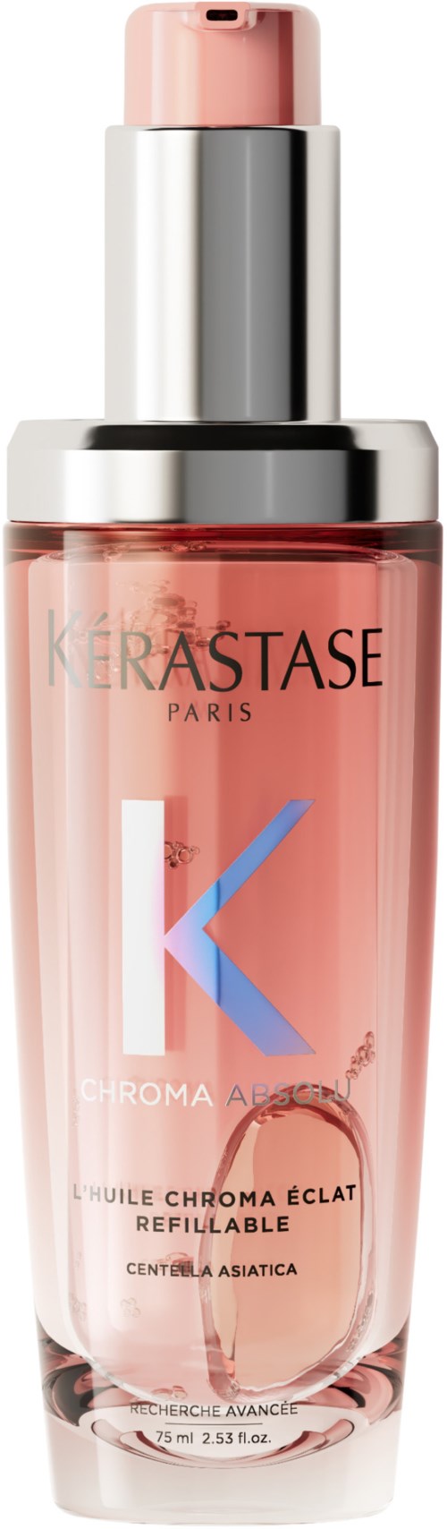 Een fles Kerastase Chroma Absolu haarserum met pomp en roze vloeistof.