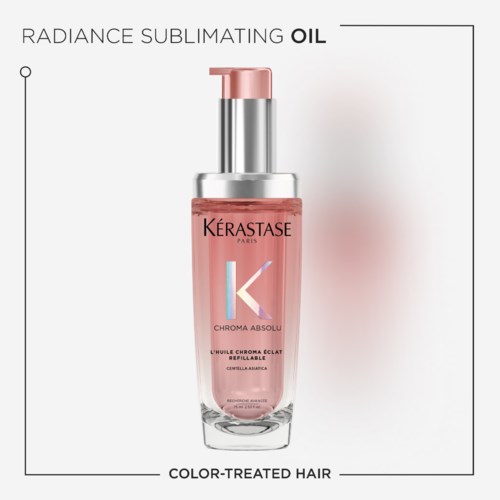 Een roze haarolie fles met pomp, labellering Kérastase Chroma Absolu, voor gekleurd haar.