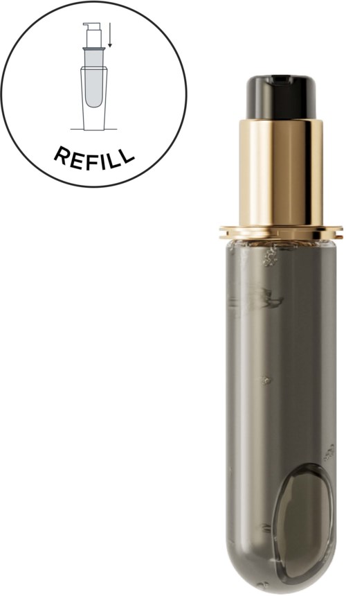 Een grijze cosmetica fles met een zwart en goud deksel, met een refill-icoon erboven.