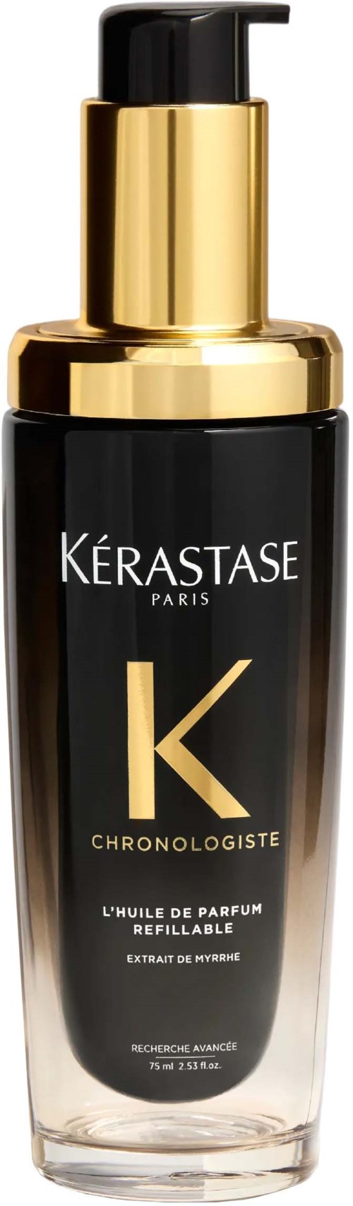 Een zwart en goudkleurige fles met Kerastase haarolie, pomp en Franse etiketten.