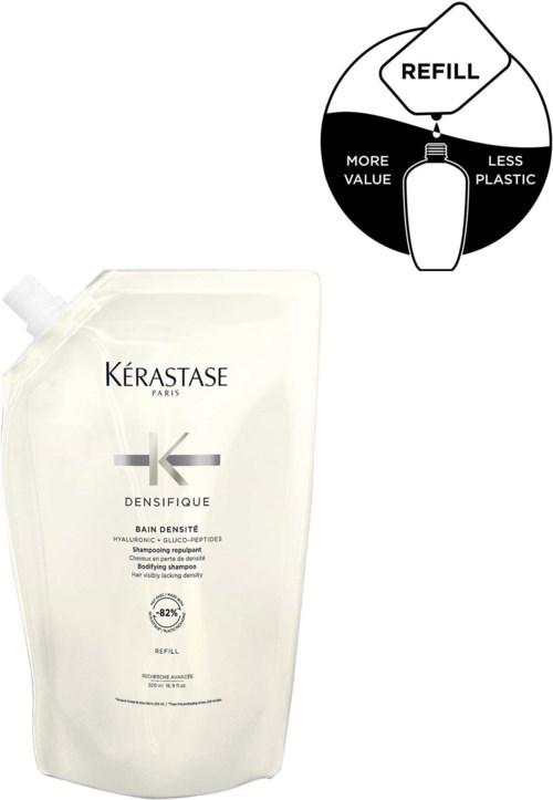 Een shampoo navulverpakking en een instructiediagram die laat zien hoe je moet bijvullen om plastic te verminderen.