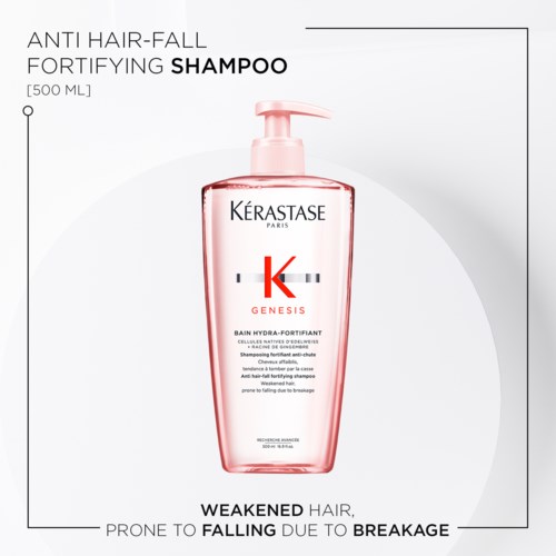 Een roze shampoo fles met Kérastase Genesis voor haaruitval en breuk.