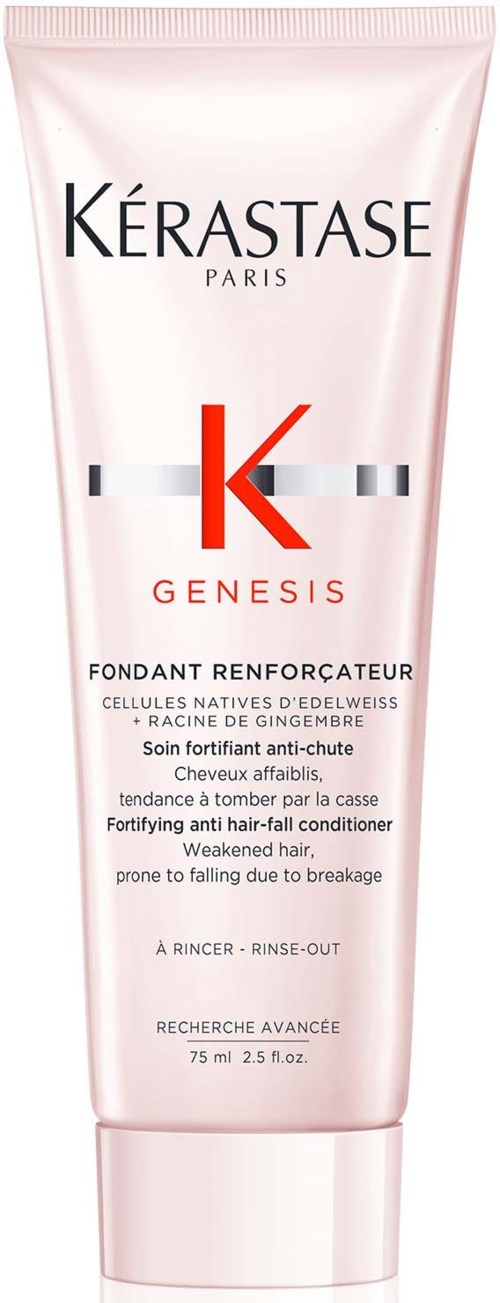 Kérastase Genesis stärkande hårbalsam i ett rosa rör. Innehåller ingefärsrot och stärker skört hår. 75 ml.