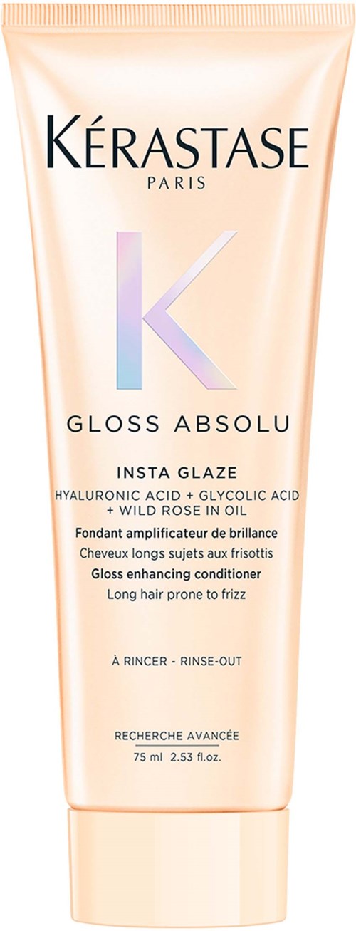 Kérastase Paris Gloss Absolu INSTA Glaze hair gloss enhancer for long hair. Contains hyaluronic acid, glyceric acid, and wild rose oil.
