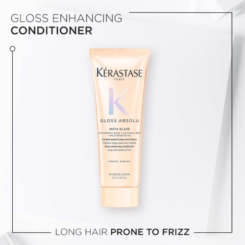 A tube of Kerastase Gloss Absolu conditioner for long hair prone to frizz. Text highlights benefits and usage.