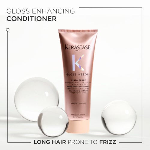 Kérastase hair conditioner for long hair, helps reduce frizz, with a sleek pink bottle and white spheres.