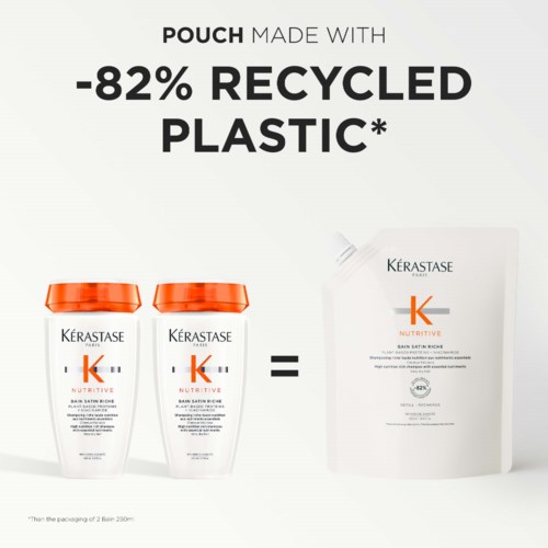 Logo of Kérastase with shampoo bottles and a refill pouch, highlighting that the pouch is made with 82% recycled plastic.