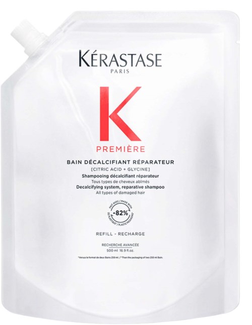 Rechaerge pouch of Kérastase Bain Decalcifiant Reparateur shampoo for damaged hair with citric and glyceryl acids.