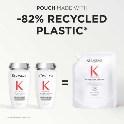 Logo and packaging of Kérastase Paris hair care products, highlighting no more than 82% recycled plastic.