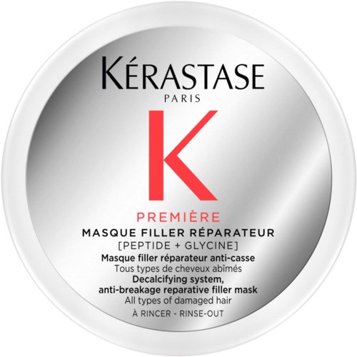 A white container with black and red text, showing a hair repair mask for damaged hair with peptides and glycines.
