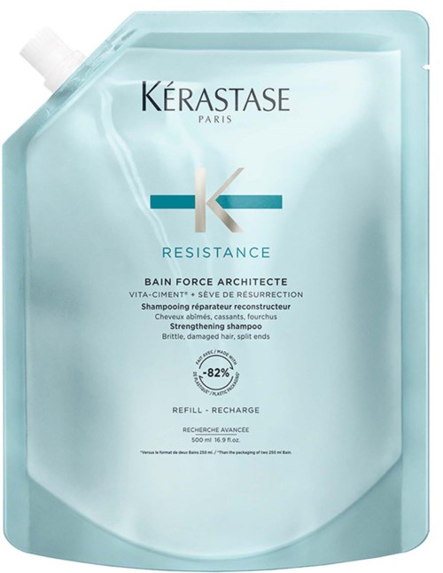 Kérastase Resistance Bain Force Architect shampoo refill pouch with blue and white packaging.