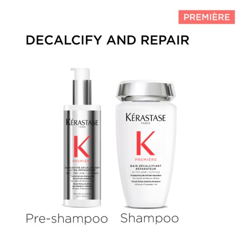 De afbeelding toont twee haarverzorgingsproducten gelabeld 'Pre-shampoo' en 'Shampoo' van Kérastase, met een rode 'PREMIÈRE'-sticker.