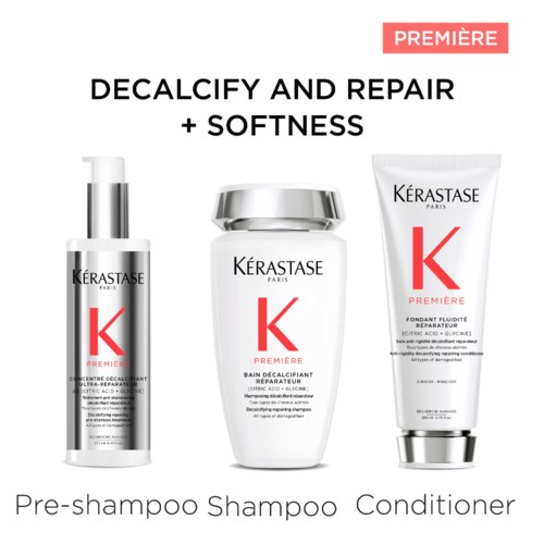 Haarverzorgingsset met pre-shampoo, shampoo en conditioner getiteld 'Decalcify and Repair + Softness' van Kérastase.