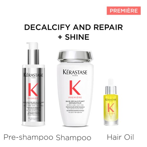 Drie haarverzorgingsproducten: pre-shampoo, ontkalkend shampoo en haarolie, gericht op herstel en glans.