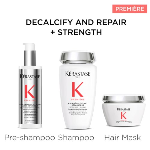 Drie haarverzorgingsproducten: pre-shampoo, haarmasker en verstevigende shampoo, met beloftes om haar te herstellen en versterken.
