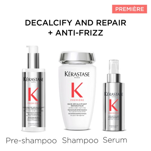 Reclameposter voor KERASTASE haarproducten: Pre-shampoo, Shampoo en Serum voor haarherstel en anti-frizz.