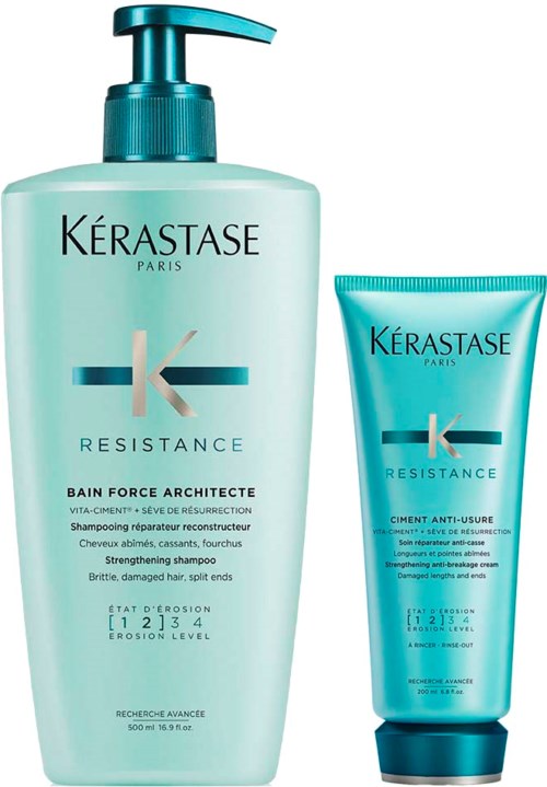 Twee teal gekleurde haarverzorgingsflessen: één grote pompflacon en één kleinere tube.