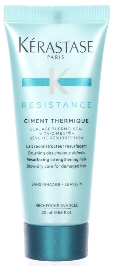 En tub med Kérastase Resistance hårbehandling för skadat, olammat hår, med etikett som beskriver dess syfte och ingredienser.