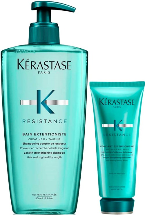 Två tealfärgade flaskor, en stor med pump och en mindre tub, är hårvårdsprodukter från Kérastase Resistance.