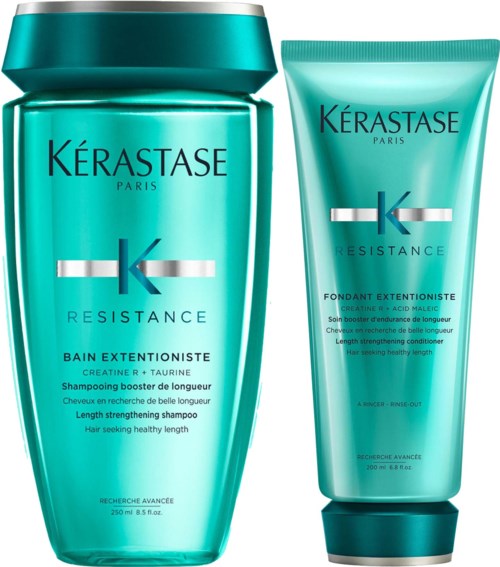 Twee turquoise haarverzorgingsproducten met zwarte tekst, een fles en een tube, bevorderen lengte en kracht voor gezond haar.