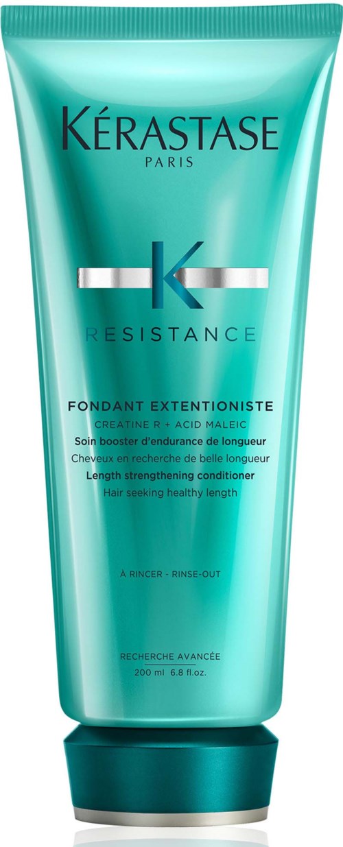 Een haarverzorgingsproduct in een turkooiskleurige tube, bedoeld voor langdurige verzorging en haarlengte. Het is van Kérastase Resistance.