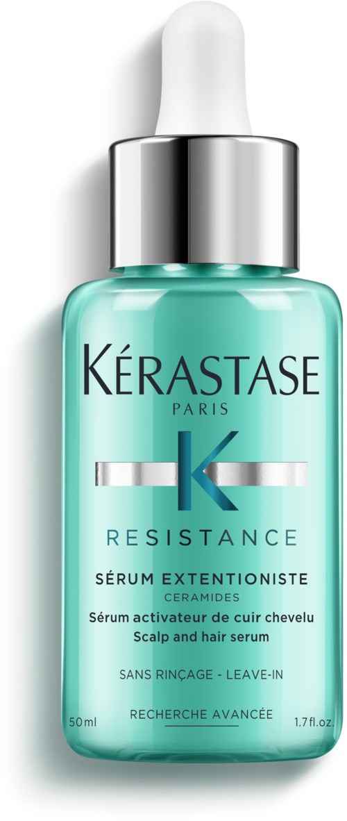 En ljusblå flaska med dropplock, märkt Kérastase Resistance hår- och hårbottenserum, 50 ml.