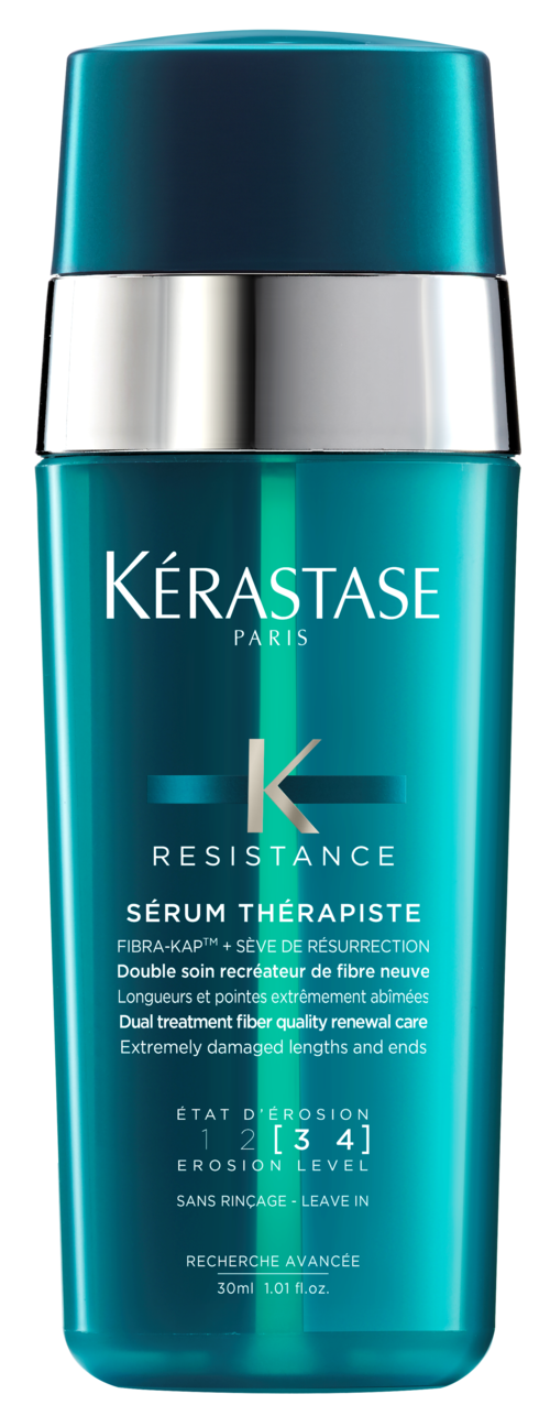 Een blauwe en zilveren fles met Kérastase Resistance Serum voor haarherstel en kracht.