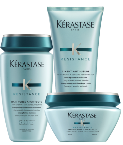 Et sett med hårpleieprodukter fra Kérastase Resistance, inkludert sjampo, balsam og maske i blå beholdere.