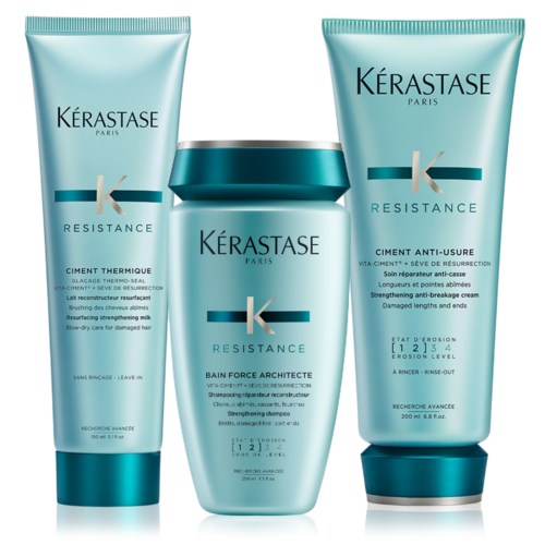 Tre hårpleieprodukter fra Kerastase Resistance-serien, inkludert en sjampo og to behandlingsrør, er vist.