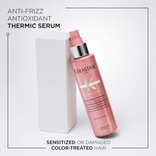 Kérastase haarserum voor gekleurd of beschadigd haar, beheert kroezen en biedt antioxidanten en warmtebescherming.