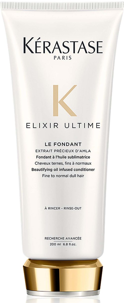 Valkoinen hiustenhoitoaineputki, jossa kultainen korkki, merkki Kérastase, Paris, Elixir Ultime, normaalille himmeälle hiuksille.